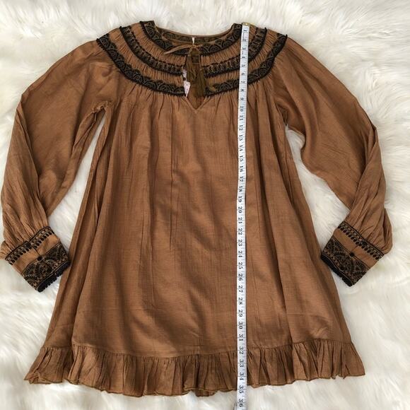 Free People Erin Embroidered Boho Mini Dress Size M NWT Long sleeve In Brown - Picture 6 of 13